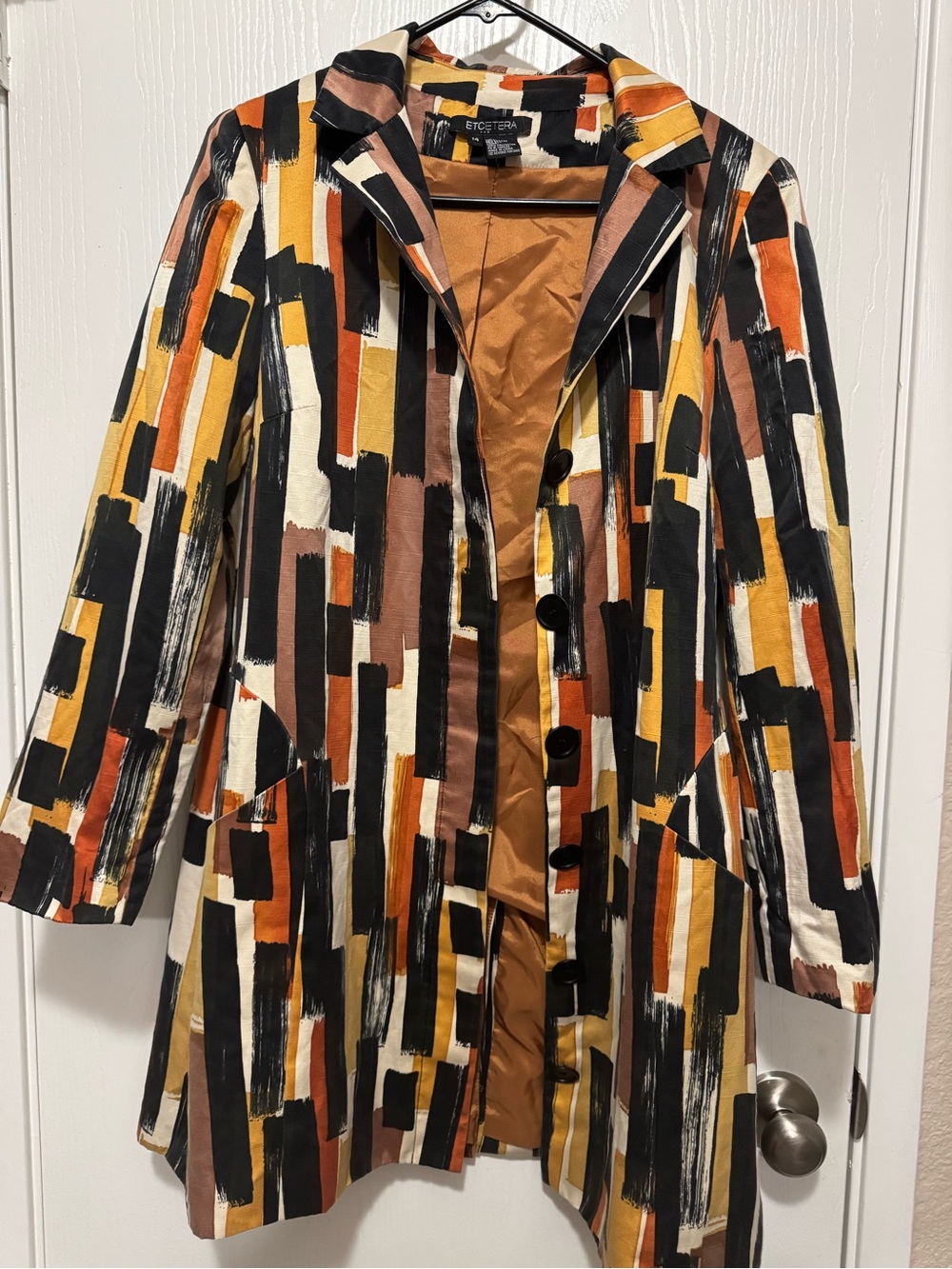 Etcetera Multi-Color Brushstroke Trench Coat — Black, Mustard, Rust, Cream